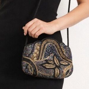 Vintage 90's Beaded Evening Bag Iridescent Formal Cord Strap Shoulder Crossbody